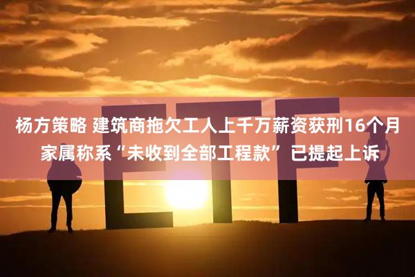 杨方策略 建筑商拖欠工人上千万薪资获刑16个月 家属称系“未收到全部工程款” 已提起上诉